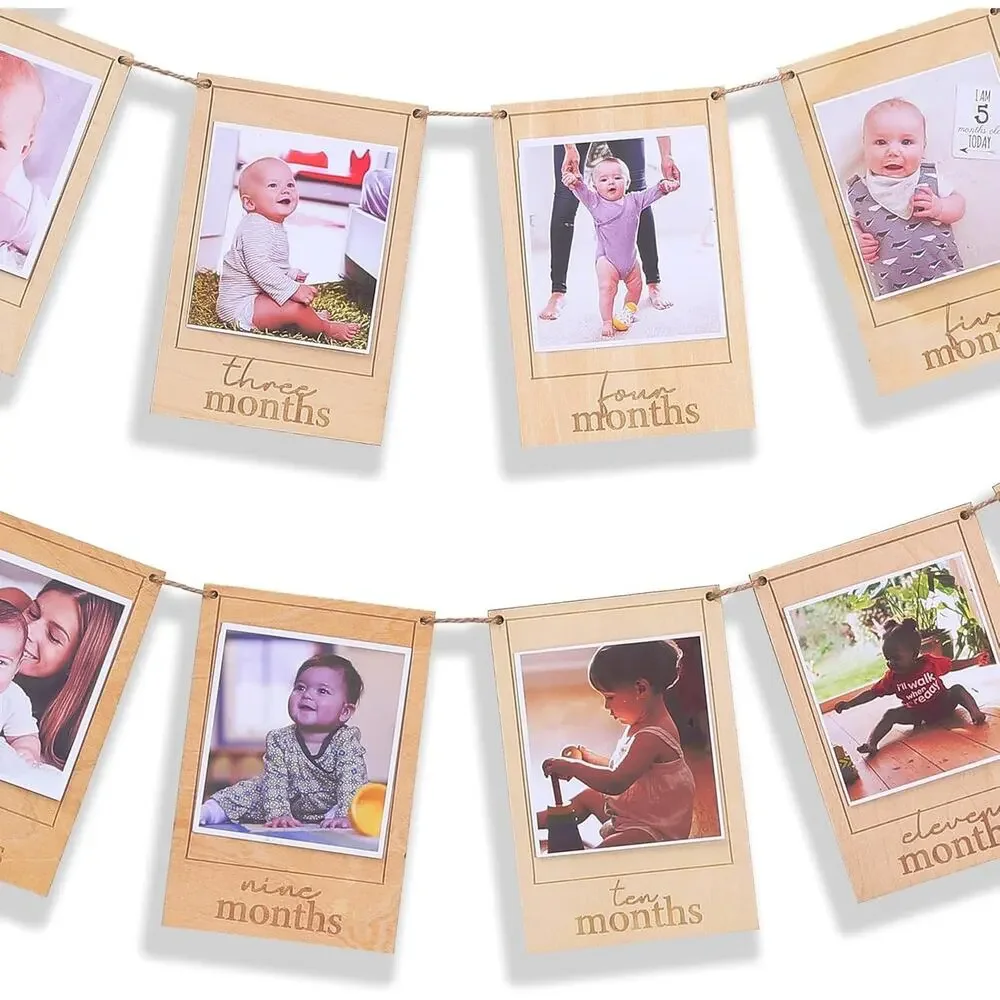 MADENG Wood First Year Monthly Photo Banner – 80” Baby Milestone Garland